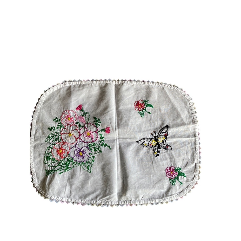 Vintage Hand Embroidered Floral Butterfly Dresser Scarf White Lace Trim Runner